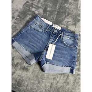 JBD Just Black Denim Shorts Small Cuffed Blue Medium Wash Low Cut Frayed NEW